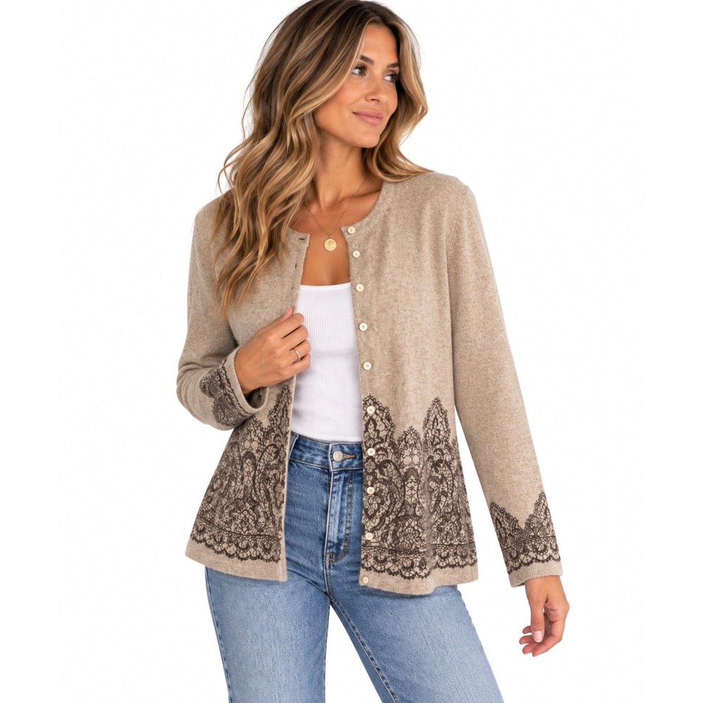 100% Cashmere Charter Club Lace Print Cardigan Sweater XL Tan Button Front Knit